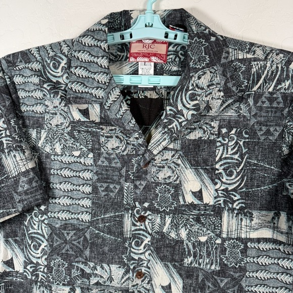 RJC Shirt Mens Large Blue Hawaiian Camp Short Sleeve Floral Aloha Tribal - Picture 2 of 9